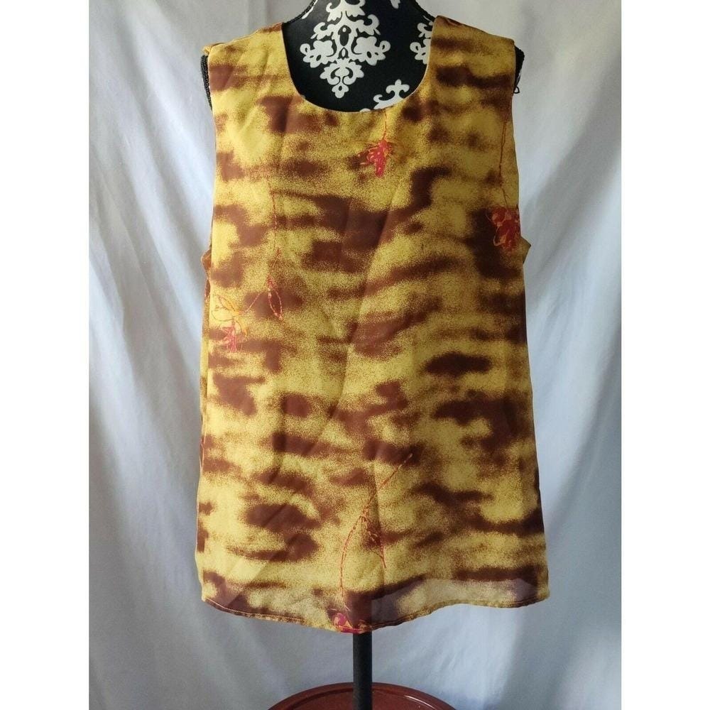 Maggie Barnes Floral Sleeveless Blouse Yellow Brown Mens 2X Made in Canada 29281